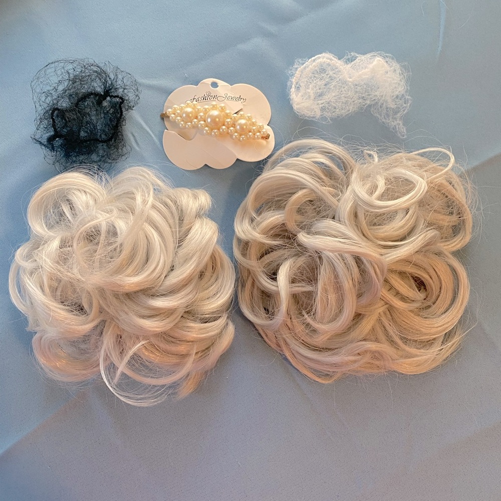 HAIR- 2 SILVER messy hair buns. One a clip in. One a scrunchie wrap.